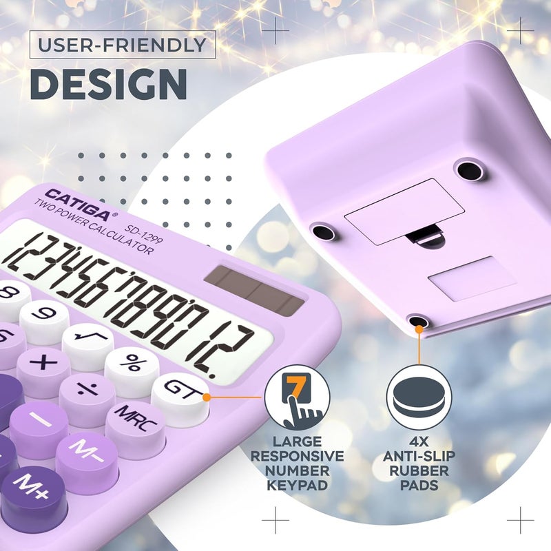 CATIGA Mechanical Switch Calculator with Solar and Battery Dual Power, 12-Digit Large LCD Display, Aesthetic and Cute Desktop Calculator with Big Button, for Home, School and Office Use, SD-1299 - Image 2